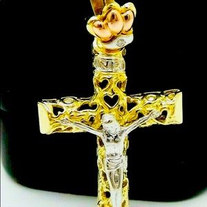 14K TRI-COLOR Yellow White GOLD CROSS PENDANT WOW!